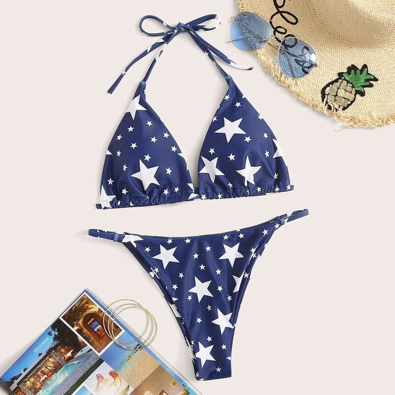 

Star Print Triangle Halter Top With Tanga Bikini Set, Multicolor