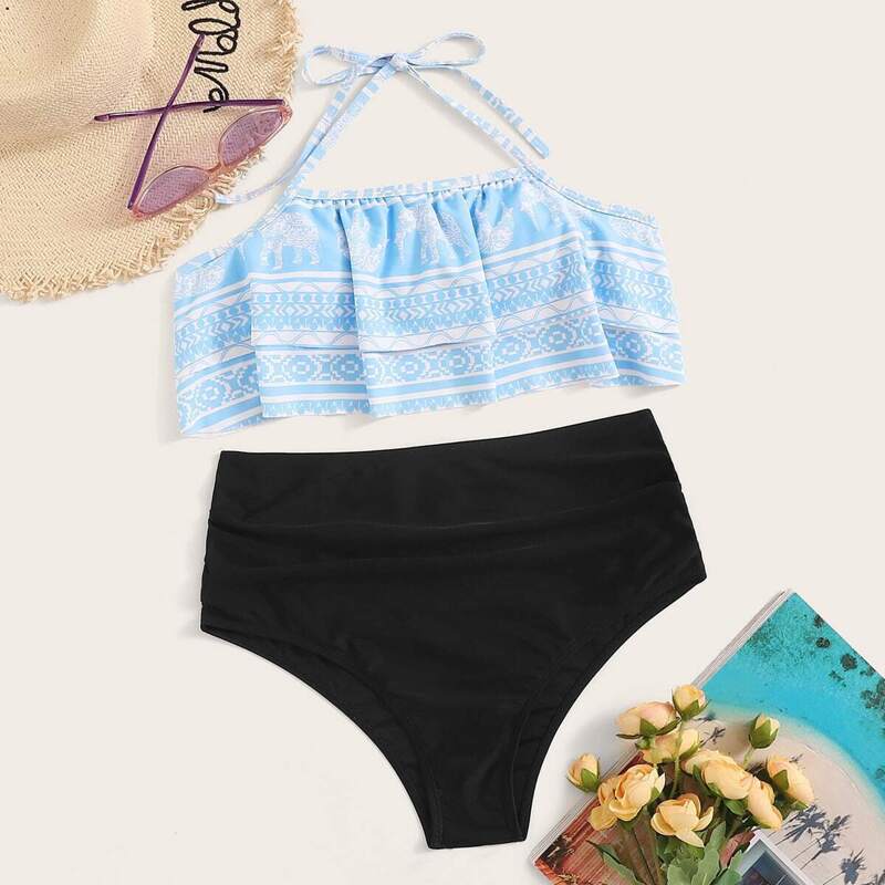 

Aztec Print Halter Top With Ruched High Waist Bikini, Multicolor