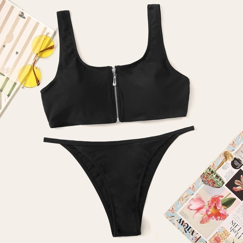

Zipper Up Scoop Neck Top With Tanga Bikini Set, Black