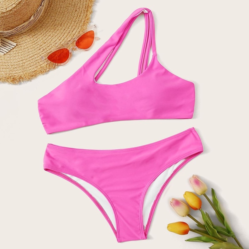 

Cut-out One Shoulder Top With Panty Bikini, Pink bright