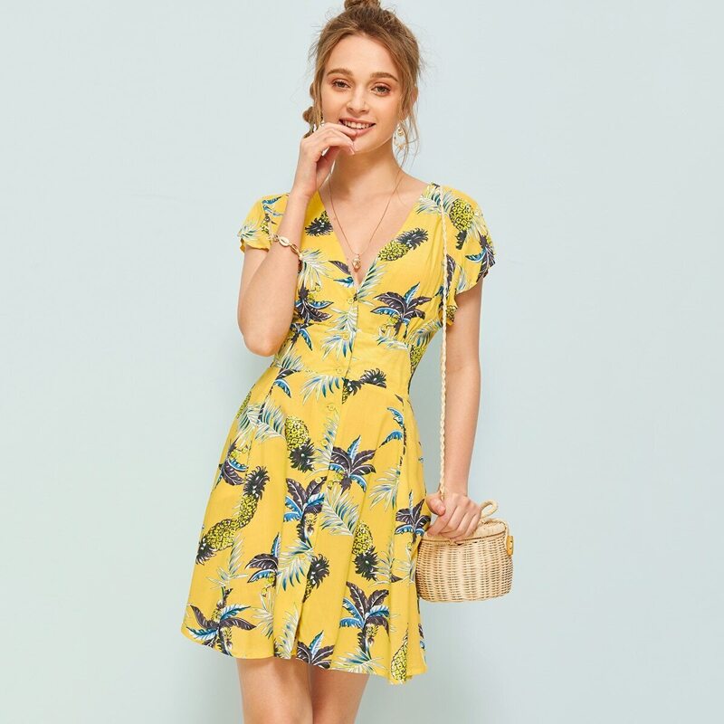 

Button Up Shirred Back Tropical Print Dress, Yellow