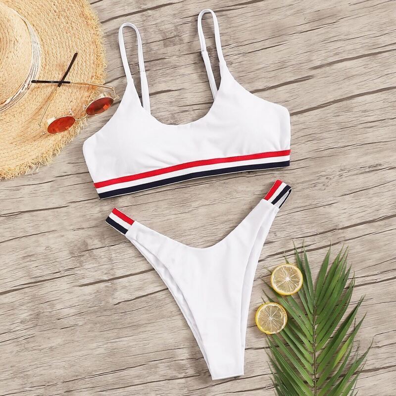 

Striped Trim Cami Top With High Leg Bikini Set, White