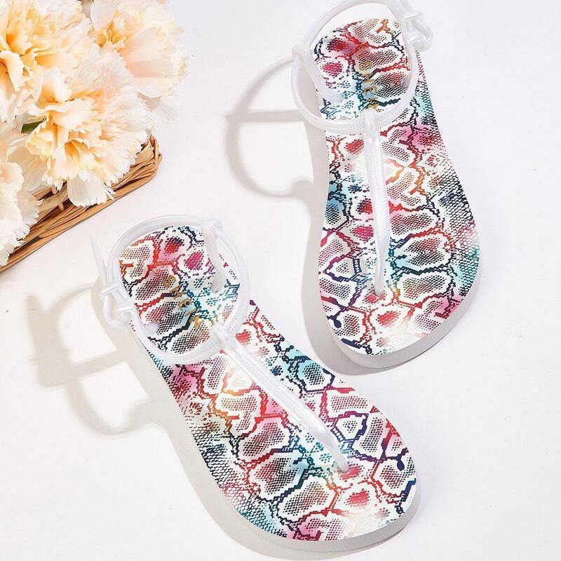 

Snakeskin Print Toe Post Ankle Strap Slippers, Multicolor