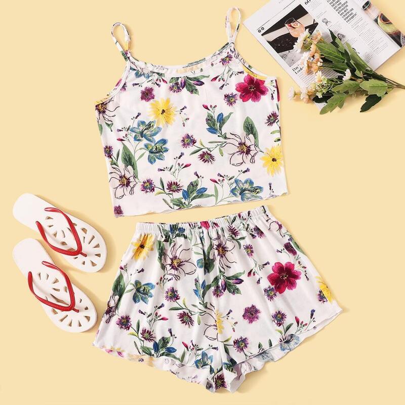

Floral & Leaf Print Cami PJ Set, Multicolor