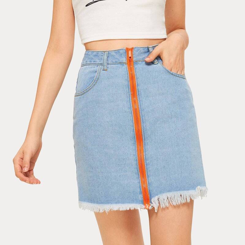 

Zip-up Raw Hem Denim Skirt, Blue