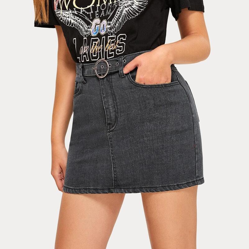 

Belted Bodycon Denim Skirt, Grey