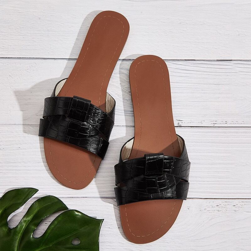 

Crocodile Pattern Flat Sliders, Black