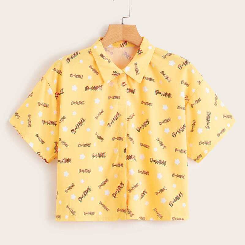 

Letter & Star Print Boxy Blouse, Yellow