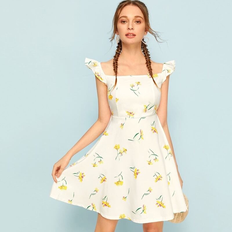 

Floral Print Square Neck Dress, Multicolor