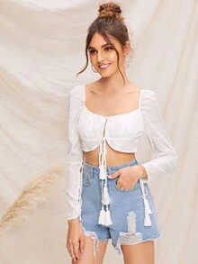 SHEIN 波紋細節流蘇繫帶袖短版上衣 - 白色 - 查看 5