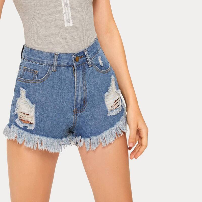 

Button Waist Ripped Raw Hem Denim Shorts, Blue