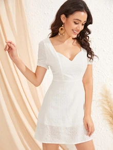 SHEIN Sweetheart Neck Ruffle Cuff Schiffy Dress - White - View 1