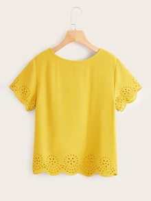 SHEIN 貝殼花邊鐳射剪裁上衣 - 芥末黃 - 查看 2