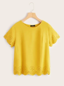 SHEIN 貝殼花邊鐳射剪裁上衣 - 芥末黃 - 查看 1