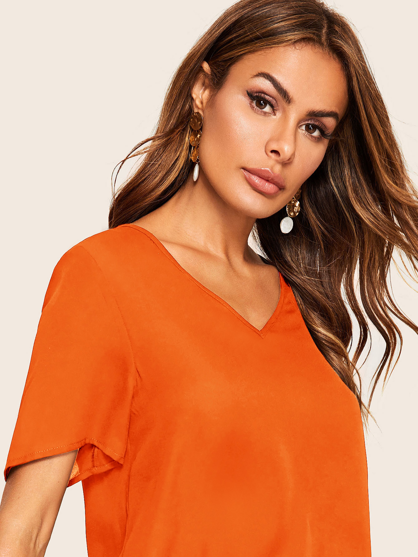 neon orange v-neck solid top