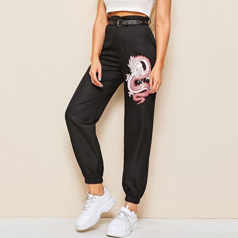 

Dragon Print Paperbag Pants, Black