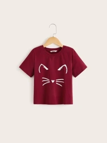 SHEIN Girls Cartoon Graphic Short Sleeve Tee - Maroon - View 1