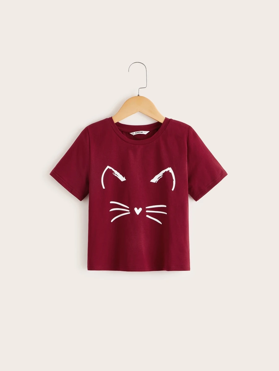 SHEIN Girls Cartoon Graphic Short Sleeve Tee - Maroon - View 1