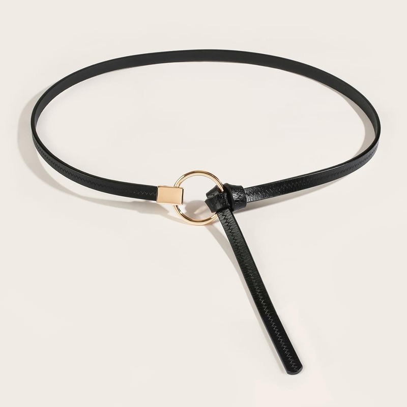 

Round Buckle Self Tie Skinny Belt, Black