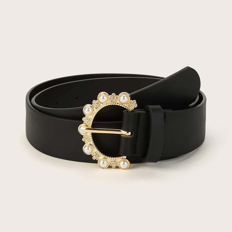 

Faux Pearl Decor Round Buckle Belt, Black