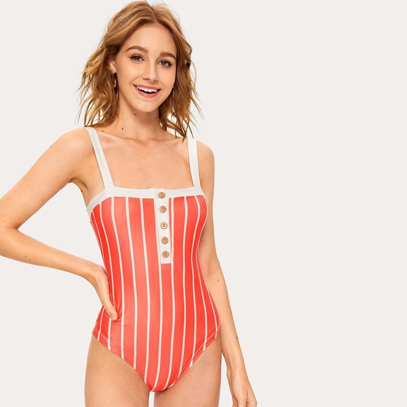 

Half Button Striped Straps Bodysuit, Red