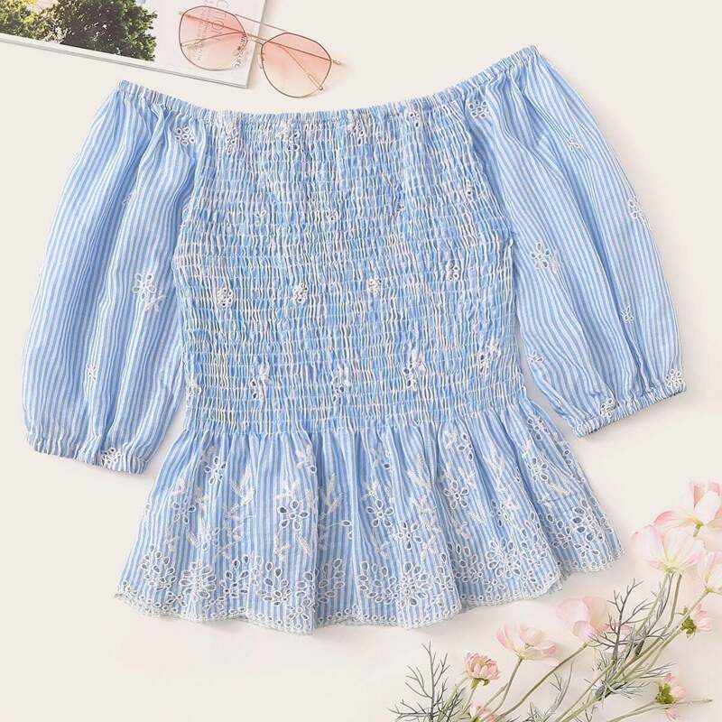 

Eyelet Embroidery Shirred Peplum Blouse, Blue