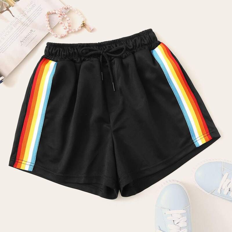 

Rainbow Striped Tape Drawstring Track Shorts, Black