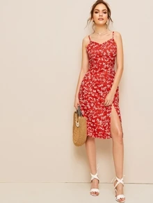 Vestido de tirante con abertura alta floral de margarita - Rojo - Ver 3