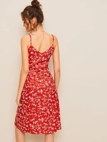 Vestido de tirante con abertura alta floral de margarita - Rojo - Ver 2
