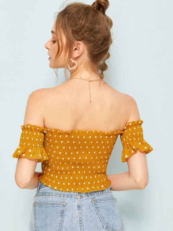 Blusa de hombros descubiertos fruncido de lunares | ROMWE Blusa de lunares con hombros descubiertos | ROMWE