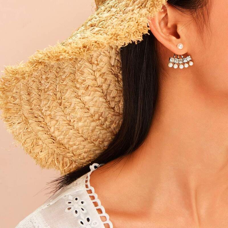 

Rhinestone Detail Faux Pearl Decor Ear Jacket 1pair, Gold