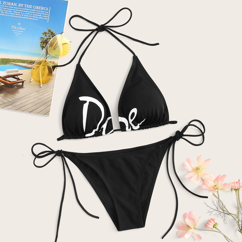 

Letter Triangle Top With Tie Side Bikini Set, Black