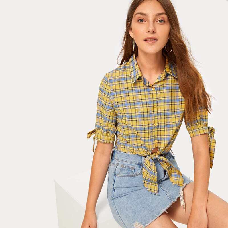 

Knot Hem Plaid Blouse, Multicolor
