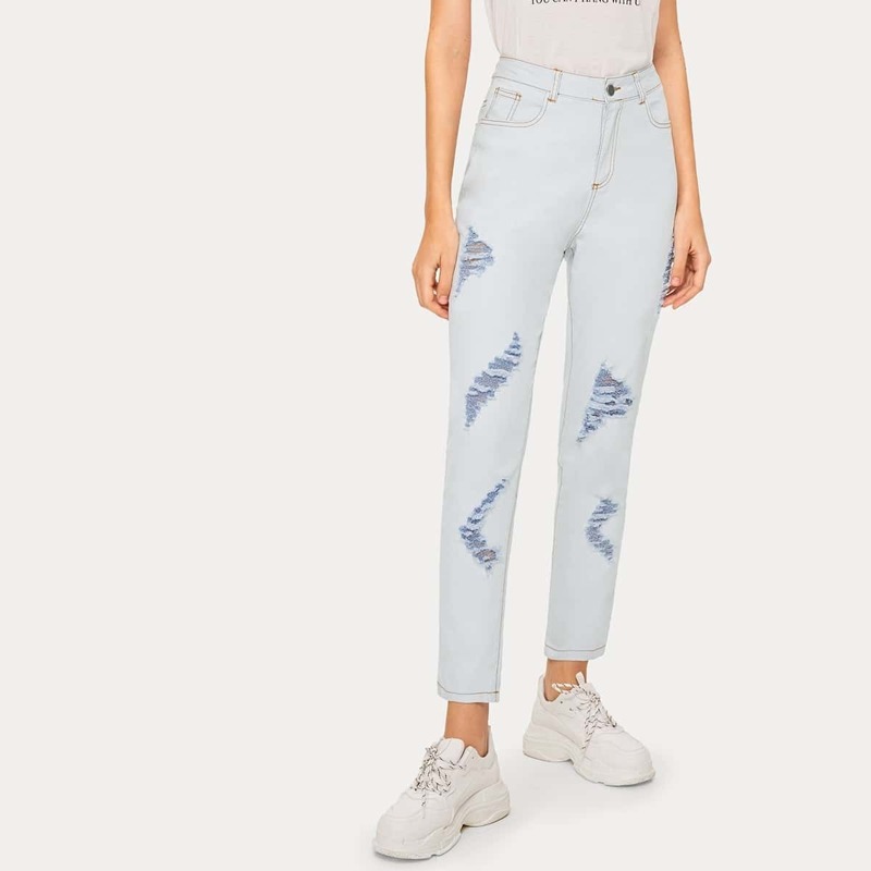 

Solid Ripped Mom Jeans, Blue