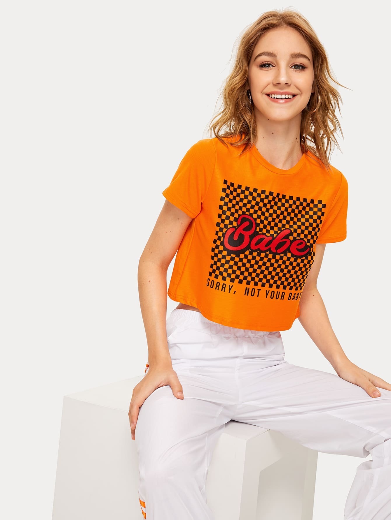 neon orange letter & checked print tee | romwe