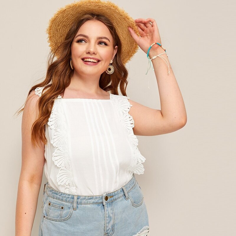 

Plus Lace Trim Square Neck Blouse, White