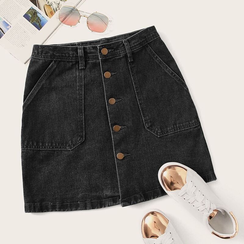 

Plus Button Front Denim Skirt, Black