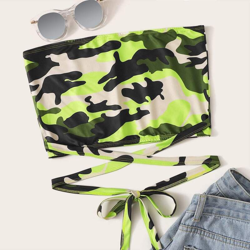 

Camo Print Criss Cross Knot Hem Tube Top, Multicolor