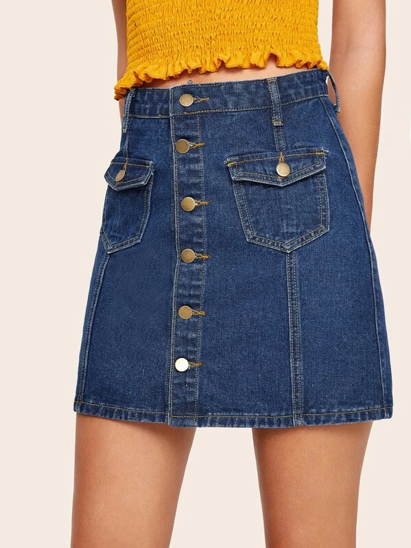 Shujin Jupe /Él/égant en Jean avec Poches Robe Demi-Longueur Bouton Taille Haute