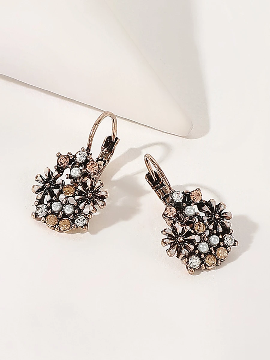 Pendientes con flor con diseño de diamante de imitación 1 par - Multicolor - Ver 1