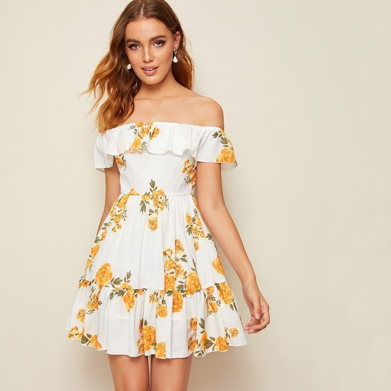 

Floral Print Ruffle Hem Bardot Dress, White