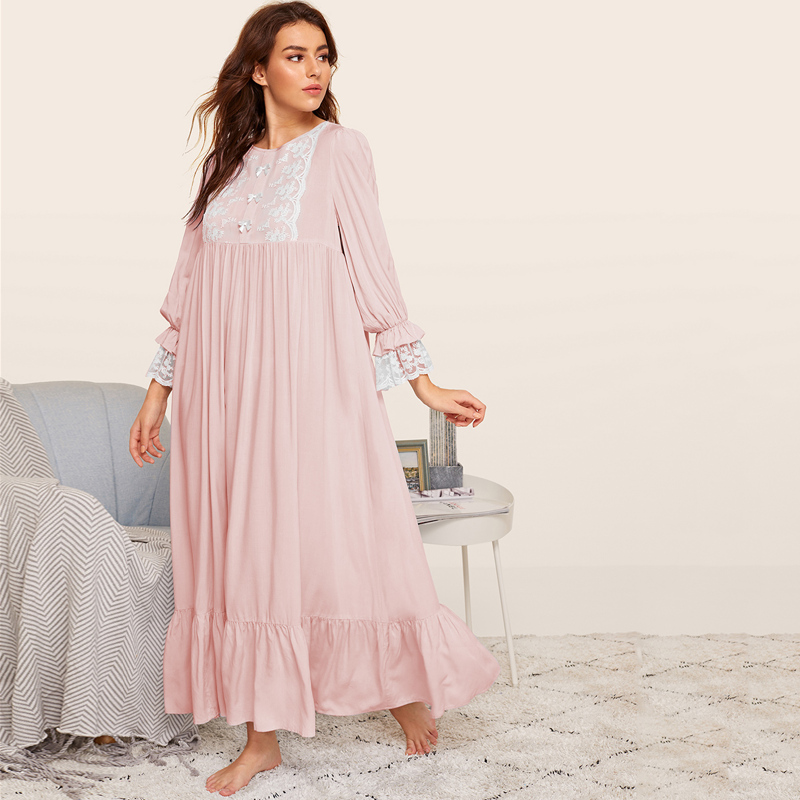 

Embroidered Mesh Trim Bow Detail Nightdress, Pink pastel