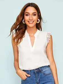 SHEIN Clasi V-placket Lace Trim Shell Top - White - View 1