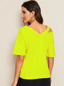 SHEIN EZwear 熒光綠剪裁肩標語印花tee - 青檸色 - 查看 2