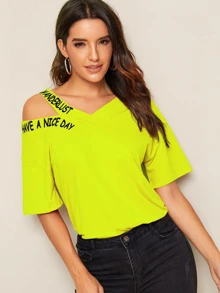 SHEIN EZwear 熒光綠剪裁肩標語印花tee - 青檸色 - 查看 4