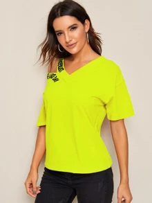 SHEIN EZwear 熒光綠剪裁肩標語印花tee - 青檸色 - 查看 5
