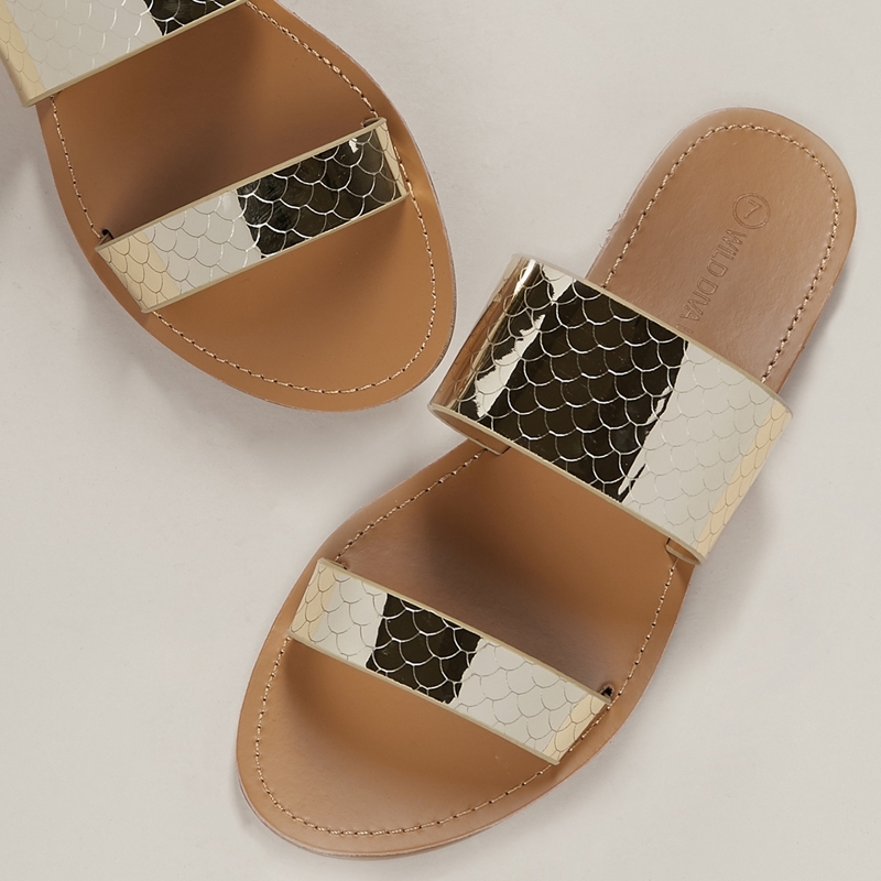 

Metallic Mermaid Scale Double Band Slide Sandals, Gold