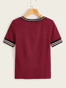 SHEIN LUNE Striped Trim Rib-knit T-shirt