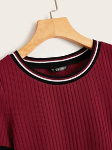 SHEIN LUNE Striped Trim Rib-knit T-shirt