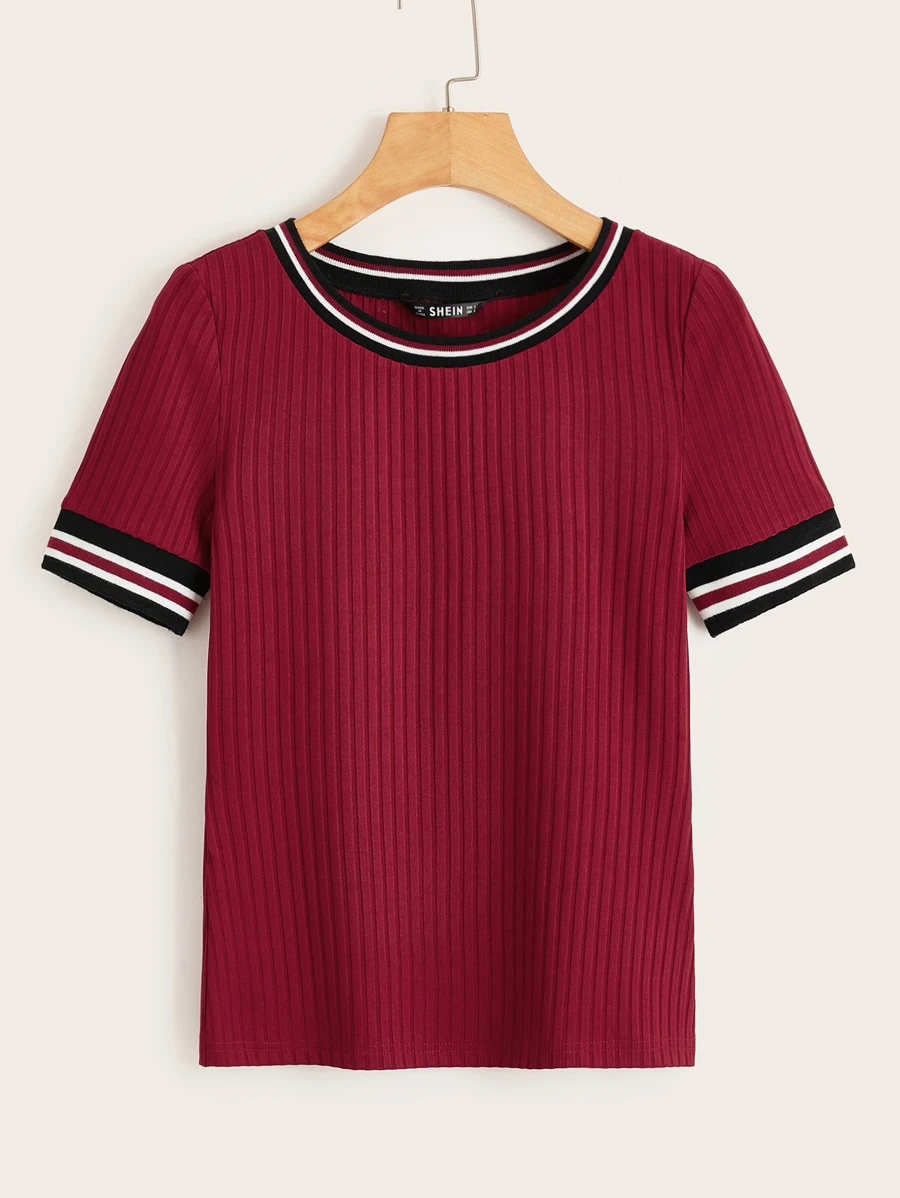 SHEIN LUNE Striped Trim Rib-knit T-shirt